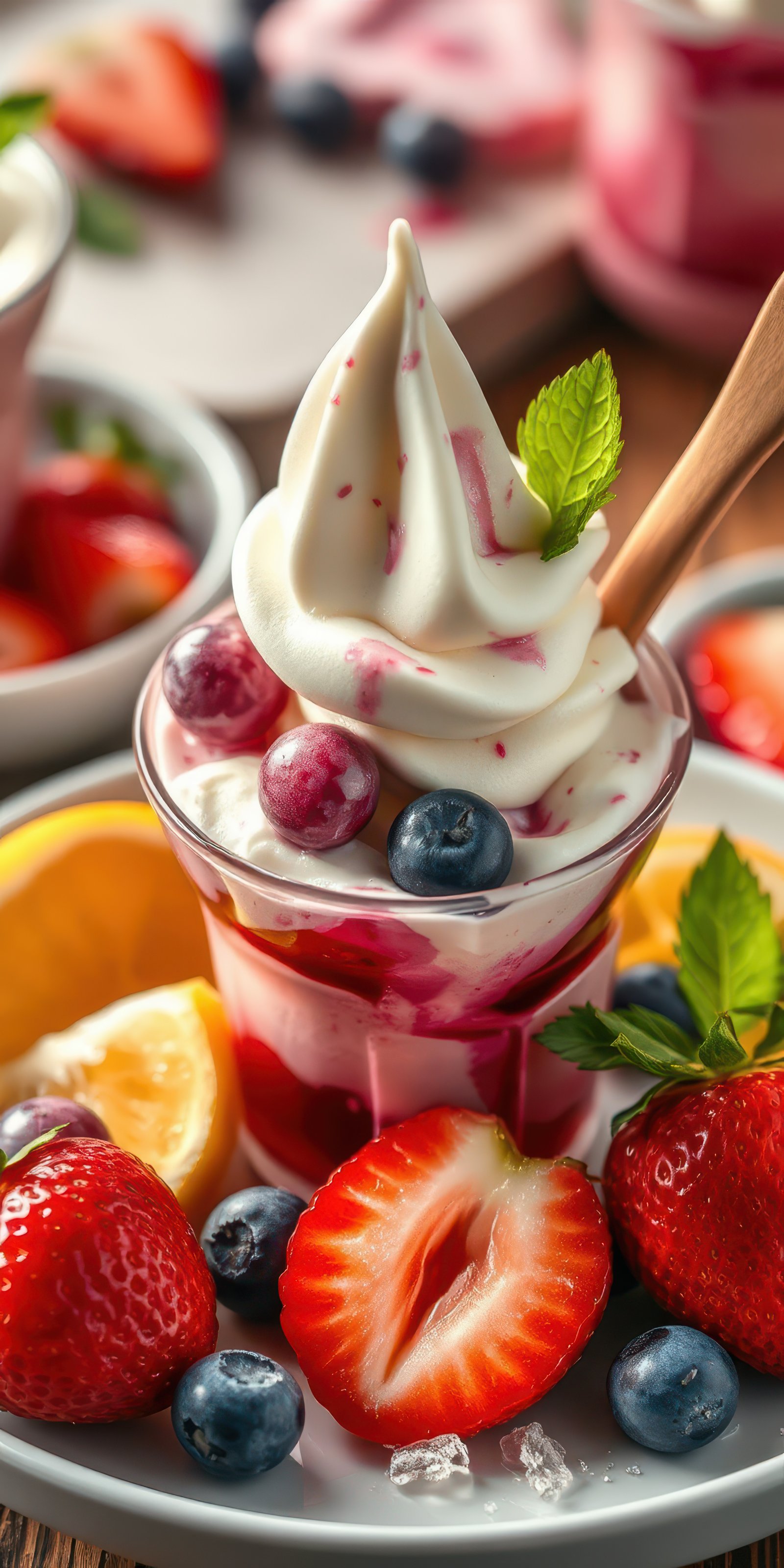 Fresh berry dessert served in a glass with whipped cream and mint, showcasing vibrant colors on a sunny day